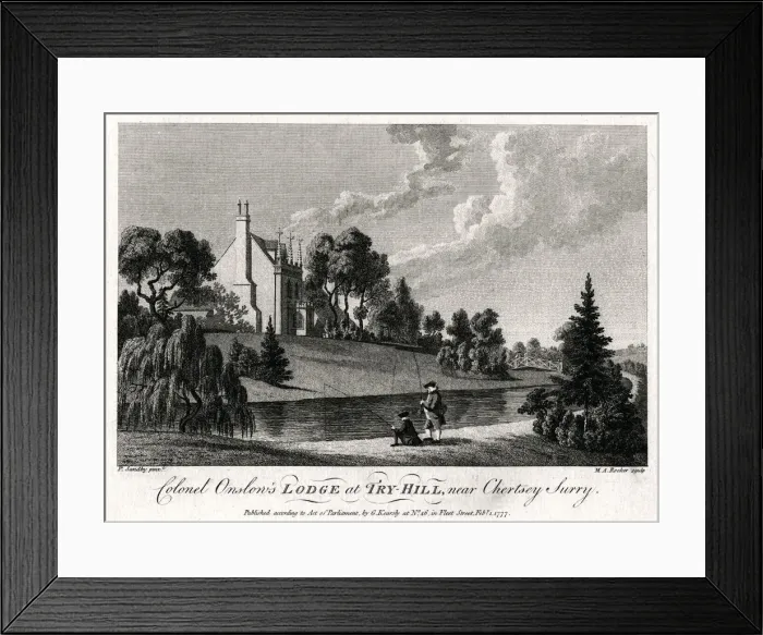 Framed Print : Colonel Onslows Lodge at Try-Hill, near Chertsey, Surry, 1777. Artist: Michael Angelo Rooker Framed Print : Colonel Onslows Lodge at Try-Hill, near Chertsey, Surry, 1777. Artist: Michael Angelo Rooker