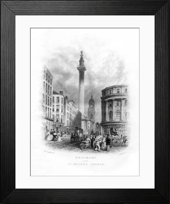 Framed Print : Monument and Church of St Magnus the Martyr, London, 19th century. Artist: J Woods Framed Print : Monument and Church of St Magnus the Martyr, London, 19th century. Artist: J Woods