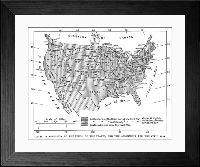 Framed Print : Dates of admission to the Union of the States, and the alignment for the civil war, 1933 Framed Print : Dates of admission to the Union of the States, and the alignment for the civil war, 1933