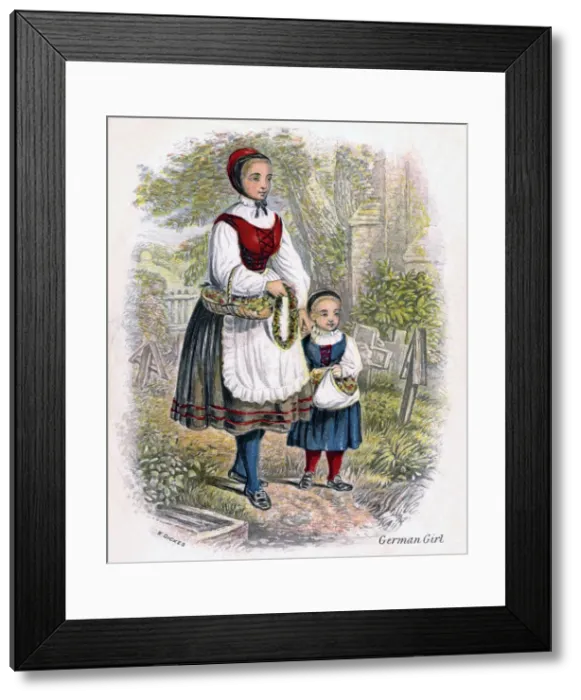 Framed Print : Two German Girls with Baskets of Flowers, 1809. Artist: W Dickes Framed Print : Two German Girls with Baskets of Flowers, 1809. Artist: W Dickes