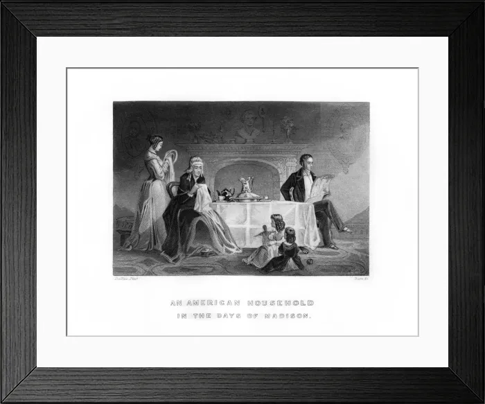 Framed Print : An American Household in the Days of Madison, 1872. Artist: C Burt Framed Print : An American Household in the Days of Madison, 1872. Artist: C Burt