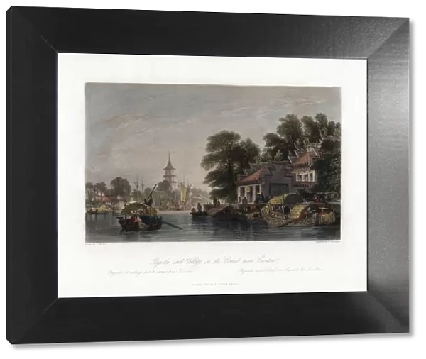 Pagoda and Village, on the Canal near Canton, China, c1840. Artist: WH Capone