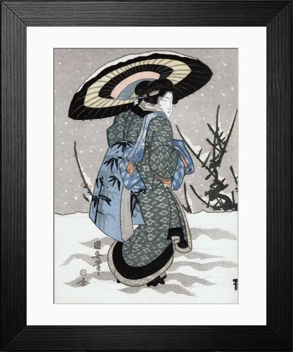 Framed Print : Girl in Snow Storm, 19th century. Artist: Kuniyasu Framed Print : Girl in Snow Storm, 19th century. Artist: Kuniyasu