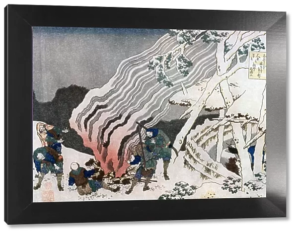 Hunters by a fire in the snow, c1835. Artist: Hokusai