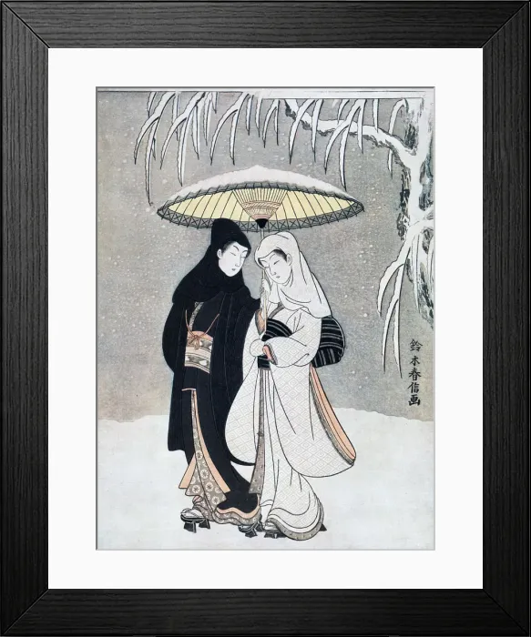 Framed Print : Crow and Heron, or Young Lovers Walking Together under an Umbrella in a Snowstorm, c1769. Artist: Suzuki Harunobu Framed Print : Crow and Heron, or Young Lovers Walking Together under an Umbrella in a Snowstorm, c1769. Artist: Suzuki Harunobu