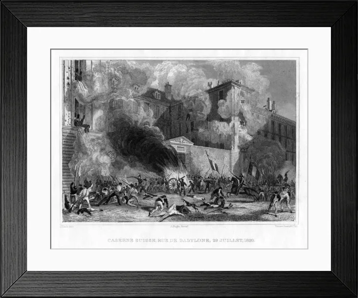 Framed Print : Swiss barracks, Rue de Babylone, Paris, 29th July 1830, (1831). Artist: Fenner, Sears & Co Framed Print : Swiss barracks, Rue de Babylone, Paris, 29th July 1830, (1831). Artist: Fenner, Sears & Co