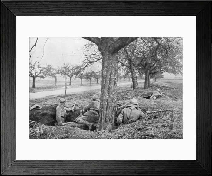Framed Print : French machine gunners dug in at the edge of a road, under apple trees, 1918 Framed Print : French machine gunners dug in at the edge of a road, under apple trees, 1918