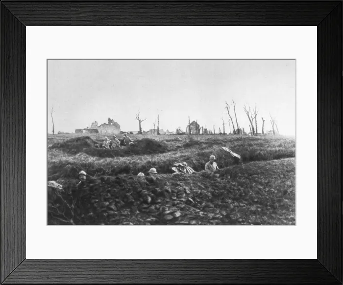 Framed Print : French infantry establishing fallback positions in front of a ruined farm, Picardy, France, 1918 Framed Print : French infantry establishing fallback positions in front of a ruined farm, Picardy, France, 1918