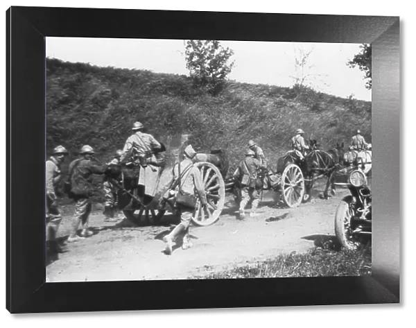 French artillery battery on the move, Chemin des Dames, France, 1918