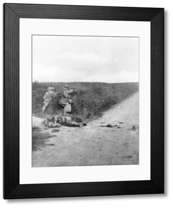 Framed Print : French machine gunners sweeping a road, Courcelles, south-east of Montdidier, France, 9 June 1918 Framed Print : French machine gunners sweeping a road, Courcelles, south-east of Montdidier, France, 9 June 1918