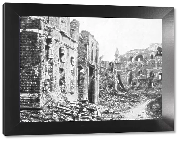 The ruined town and church bell tower of Albert, Somme, France, 22 August 1918