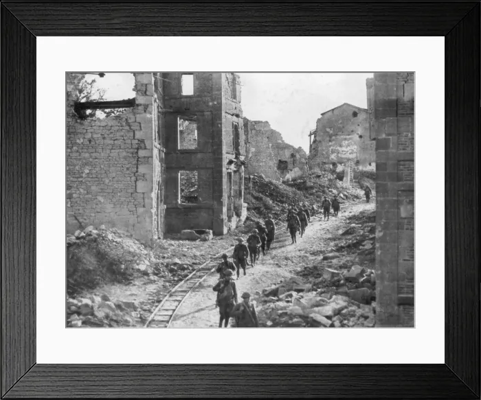 Framed Print : American soldiers passing through the ruins of Varennes, Meuse-Argonne Offensive, France, 1918 Framed Print : American soldiers passing through the ruins of Varennes, Meuse-Argonne Offensive, France, 1918