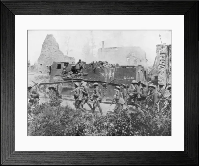Framed Print : Allied troops marching through a liberated town, 27 October 1918 Framed Print : Allied troops marching through a liberated town, 27 October 1918