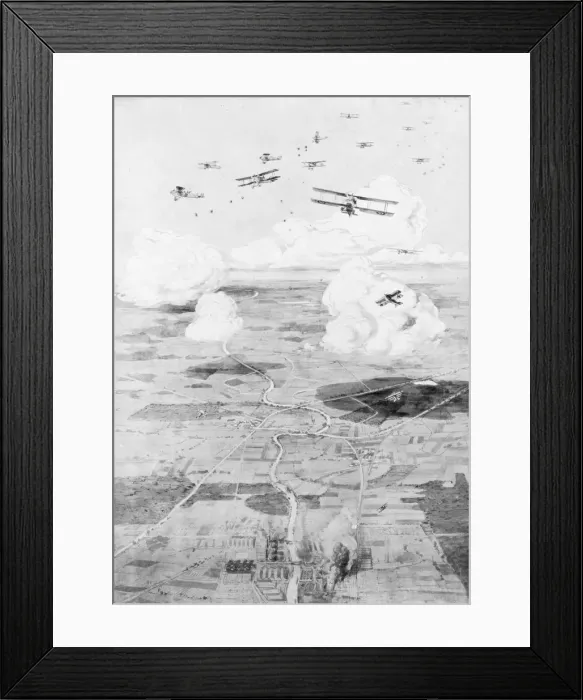 Framed Print : French squadron on the objective; factories at the edge of a river, 1918, (1926). Artist: Etienne Cournault Framed Print : French squadron on the objective; factories at the edge of a river, 1918, (1926). Artist: Etienne Cournault