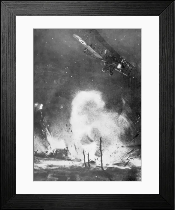 Framed Print : British air bombardment over the German lines, World War I, 1914-1918 (1926). Artist: Joseph Simpson Framed Print : British air bombardment over the German lines, World War I, 1914-1918 (1926). Artist: Joseph Simpson