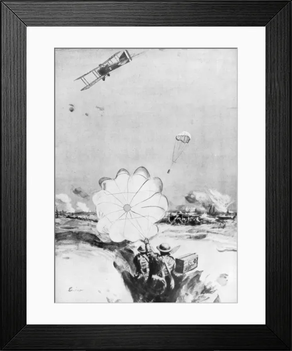 Framed Print : Aeroplane supplying ammunition to the British front line, World War I, 1914-1918 (1926). Artist: Joseph Simpson Framed Print : Aeroplane supplying ammunition to the British front line, World War I, 1914-1918 (1926). Artist: Joseph Simpson