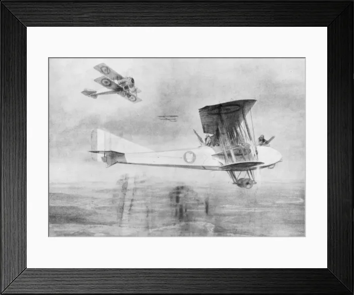 Framed Print : Three-seated aeroplane on a photographic mission, protected by a Spad fighter aircraft, 1918 (1926). Artist: Etienne Cournault Framed Print : Three-seated aeroplane on a photographic mission, protected by a Spad fighter aircraft, 1918 (1926). Artist: Etienne Cournault