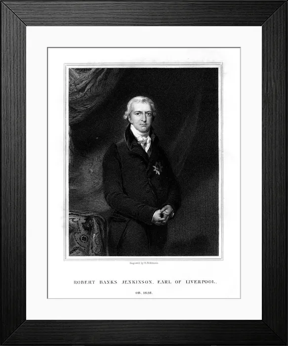 Framed Print : Robert Banks Jenkinson, 2nd Earl of Liverpool, Prime Minister of the United Kingdom, (1834). Artist: H Robinson Framed Print : Robert Banks Jenkinson, 2nd Earl of Liverpool, Prime Minister of the United Kingdom, (1834). Artist: H Robinson