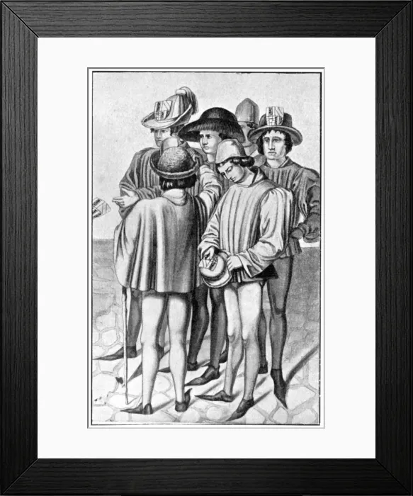 Framed Print : Men wearing favours in their hats, 15th century, (1910) Framed Print : Men wearing favours in their hats, 15th century, (1910)