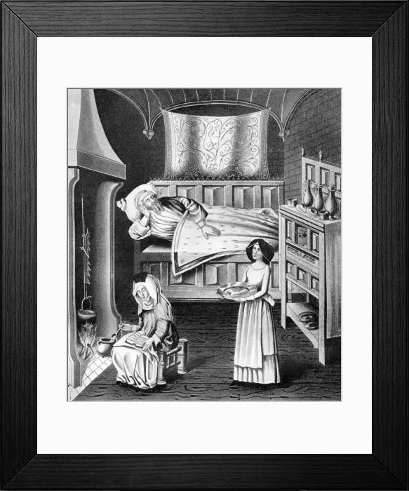 Framed Print : Matron and servant in the sick-chamber, c1470, (1910) Framed Print : Matron and servant in the sick-chamber, c1470, (1910)
