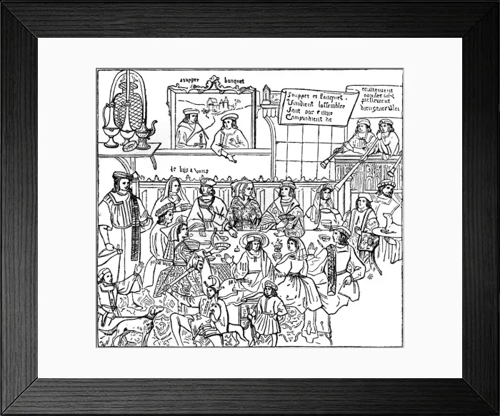 Framed Print : A dinner party, late 15th century, (1910) Framed Print : A dinner party, late 15th century, (1910)