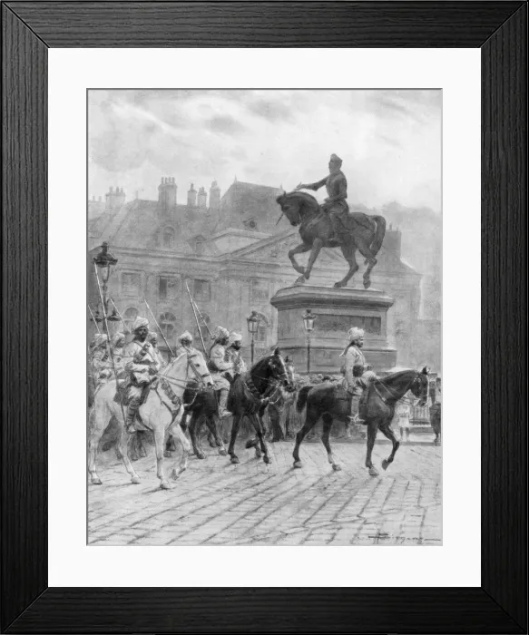 Framed Print : Bengal Mounted Lancers passing the statue of Joan of Arc, France, 1914, (1926). Artist: J Simont Framed Print : Bengal Mounted Lancers passing the statue of Joan of Arc, France, 1914, (1926). Artist: J Simont