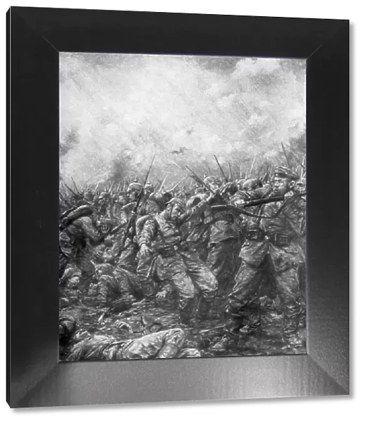 German soldiers under fire from allied guns, Flanders, World War I, 1914, (1926). Artist: J Simont