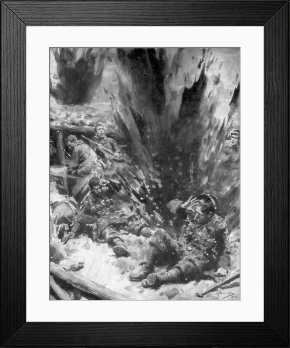 Framed Print : A German Shell Explodes in a British Trench, 1914, (1926). Artist: Arthur C Michael Framed Print : A German Shell Explodes in a British Trench, 1914, (1926). Artist: Arthur C Michael