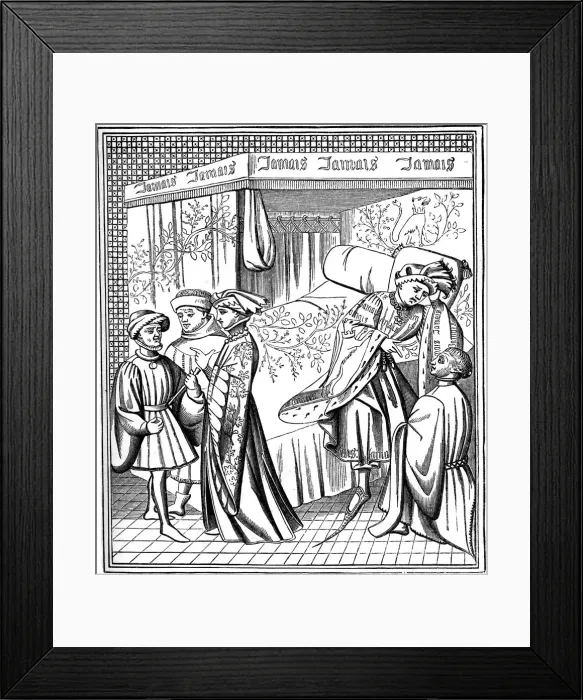 Framed Print : A bed furnished with a canopy and curtains, late 14th century, (1870) Framed Print : A bed furnished with a canopy and curtains, late 14th century, (1870)