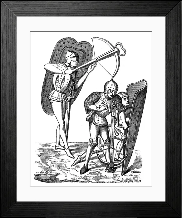Framed Print : Crossbowman protected by shield bearers, 15th century, (1870) Framed Print : Crossbowman protected by shield bearers, 15th century, (1870)