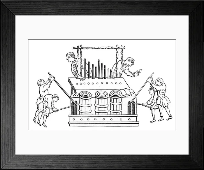 Framed Print : Great organ with bellows and double keyboard, 12th century, (1870) Framed Print : Great organ with bellows and double keyboard, 12th century, (1870)