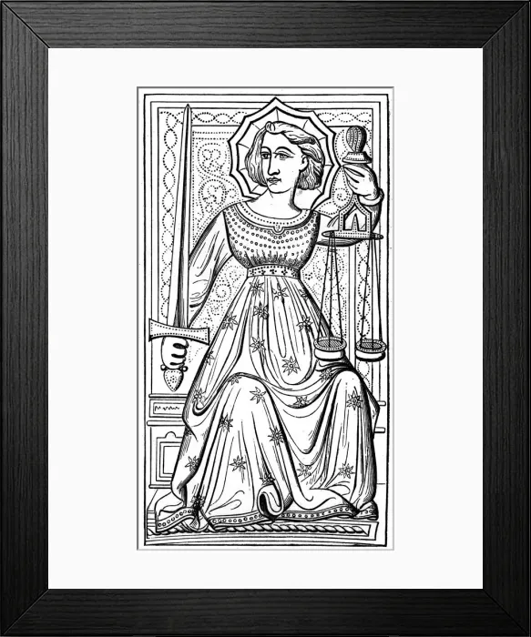 Framed Print : Justice, tarot card, 14th century, (1870) Framed Print : Justice, tarot card, 14th century, (1870)