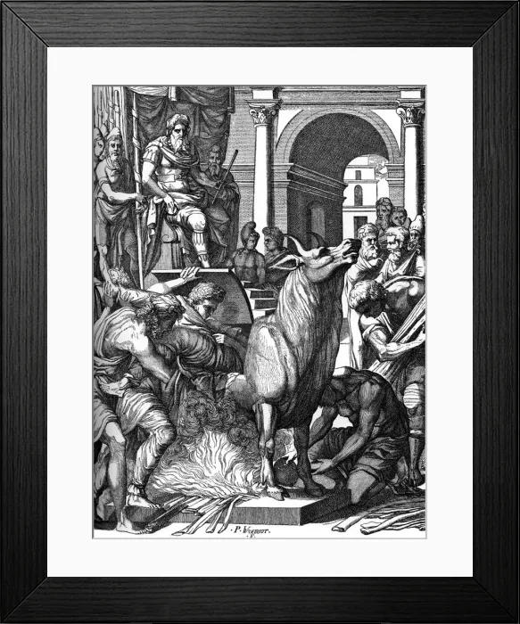 Framed Print : Perillus condemned to the bronze bull by Phalaris, 16th century, (1870). Artist: Pierre Woeiriot de Bouze Framed Print : Perillus condemned to the bronze bull by Phalaris, 16th century, (1870). Artist: Pierre Woeiriot de Bouze