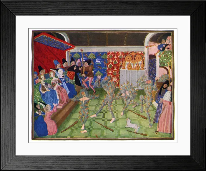 Framed Print : Masquerade at the French court, 1393, (1470-1475). Artist: Master of the Harley Froissart Framed Print : Masquerade at the French court, 1393, (1470-1475). Artist: Master of the Harley Froissart