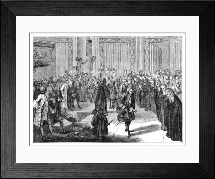 Framed Print : Burial In A Church, (1885). Artist: Bernard Picart Framed Print : Burial In A Church, (1885). Artist: Bernard Picart