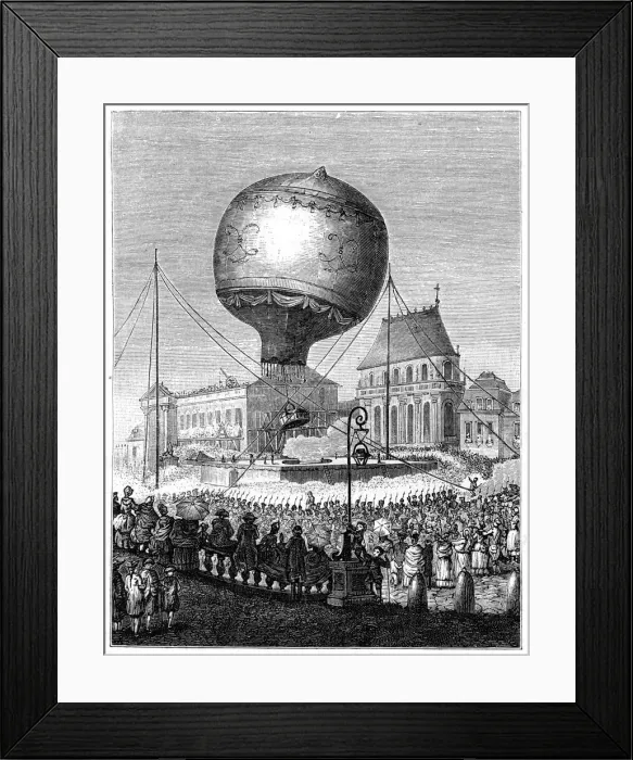Framed Print : Launch of a hot air balloon, late 18th century, (1885) Framed Print : Launch of a hot air balloon, late 18th century, (1885)