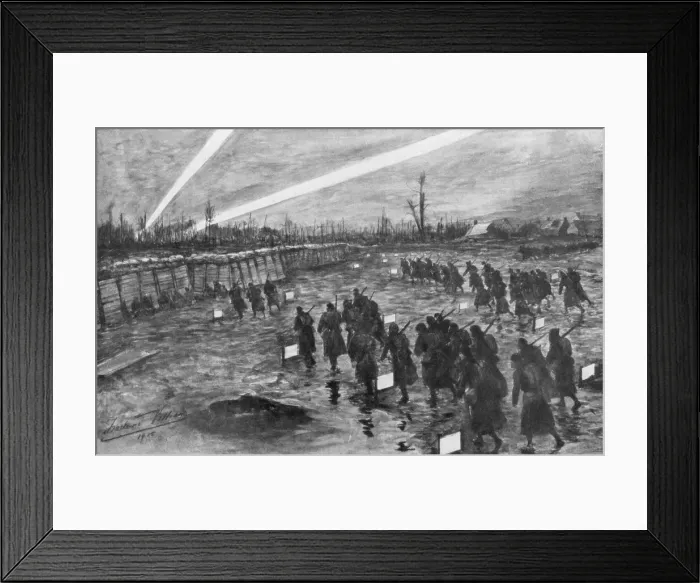 Framed Print : British troops advance under cover of darkness, Neuve-Chapelle, France, 10 March 1915, (1926). Artist: Frederic Villiers