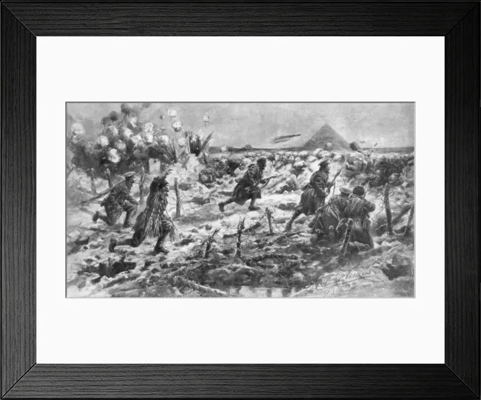 Framed Print : A British attack using the bayonet and grenade, Neuve-Chapelle, France, 10 March 1915, (1926). Artist: Frederic Villiers Framed Print : A British attack using the bayonet and grenade, Neuve-Chapelle, France, 10 March 1915, (1926). Artist: Frederic Villiers