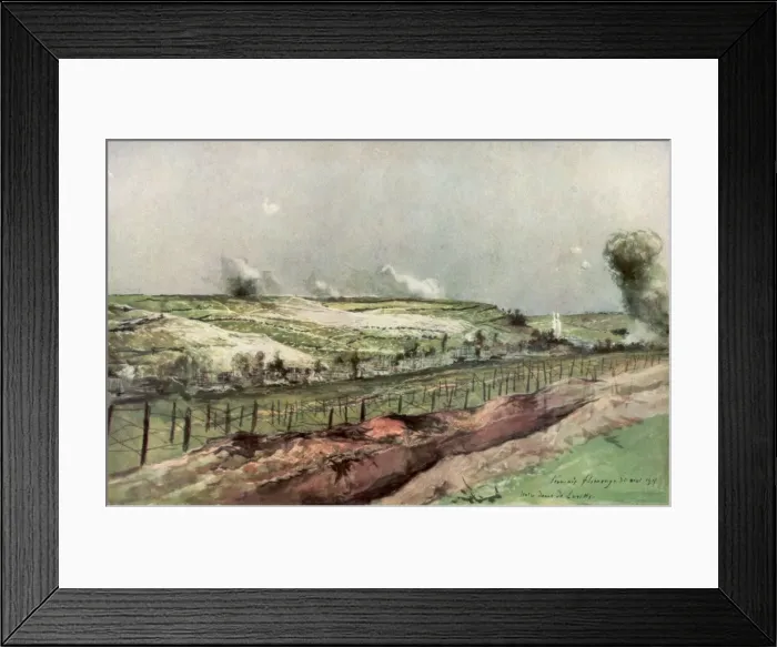 Framed Print : Notre Dame de Lorette and St Nazaire, Ablain, during bombardment, Artois, France, 1915, (1926). Artist: Francois Flameng Framed Print : Notre Dame de Lorette and St Nazaire, Ablain, during bombardment, Artois, France, 1915, (1926). Artist: Francois Flameng