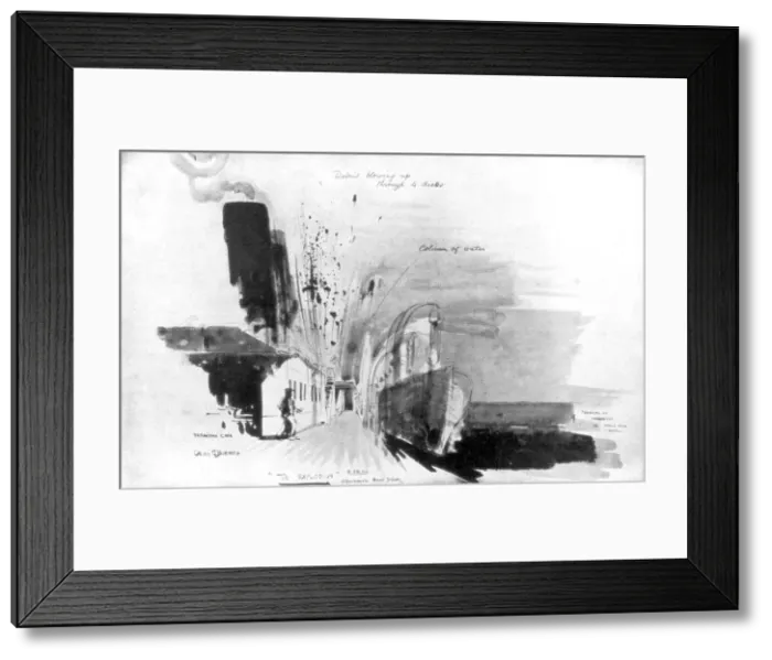 Framed Print : The moment a torpedo from German submarine U-20 hit the RMS Lusitania, 7 May 1915, (1926). Artist: Oliver Bernard Framed Print : The moment a torpedo from German submarine U-20 hit the RMS Lusitania, 7 May 1915, (1926). Artist: Oliver Bernard