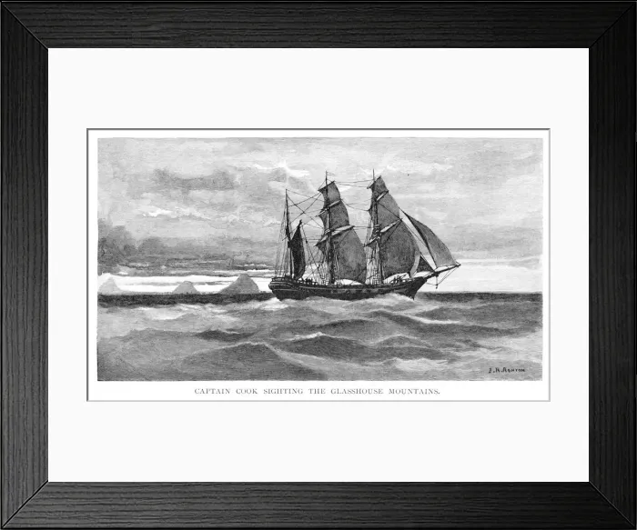 Framed Print : Captain Cook sighting the Glasshouse Mountains, 1770, (Queensland, Australia, 1886). Artist: Julian Ashton Framed Print : Captain Cook sighting the Glasshouse Mountains, 1770, (Queensland, Australia, 1886). Artist: Julian Ashton