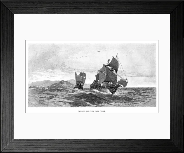 Framed Print : Torres sighting Cape York, 1606, (1886). Artist: Julian Ashton Framed Print : Torres sighting Cape York, 1606, (1886). Artist: Julian Ashton