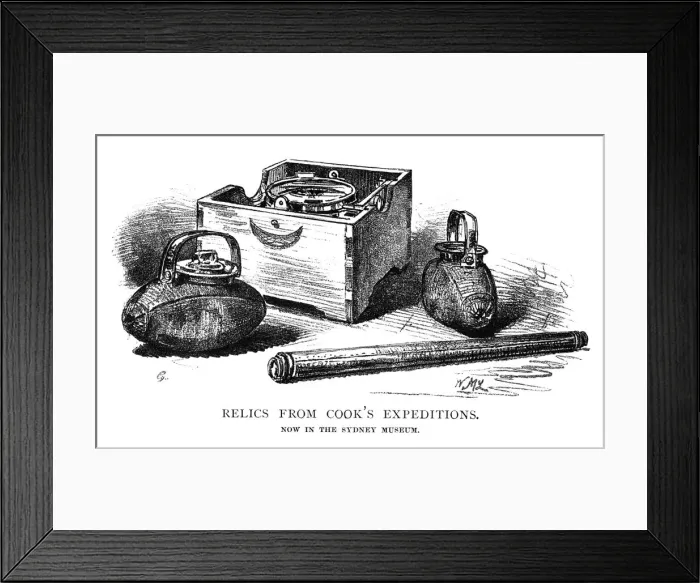 Framed Print : Relics from Cooks expeditions, 1886. Artist: W Macleod Framed Print : Relics from Cooks expeditions, 1886. Artist: W Macleod