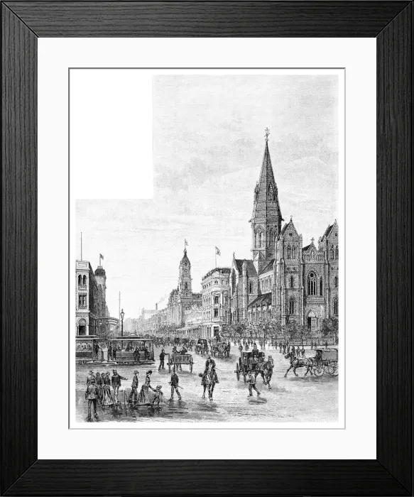 Framed Print : Swanston Street looking north, Melbourne, Victoria, Australia, 1886. Artist: Johnson Framed Print : Swanston Street looking north, Melbourne, Victoria, Australia, 1886. Artist: Johnson
