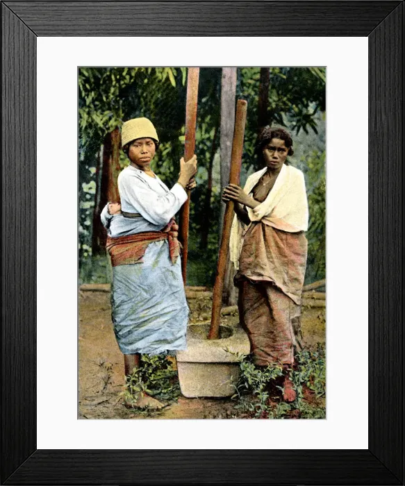 Framed Print : Women pounding rice, Madagascar, late 19th century Framed Print : Women pounding rice, Madagascar, late 19th century