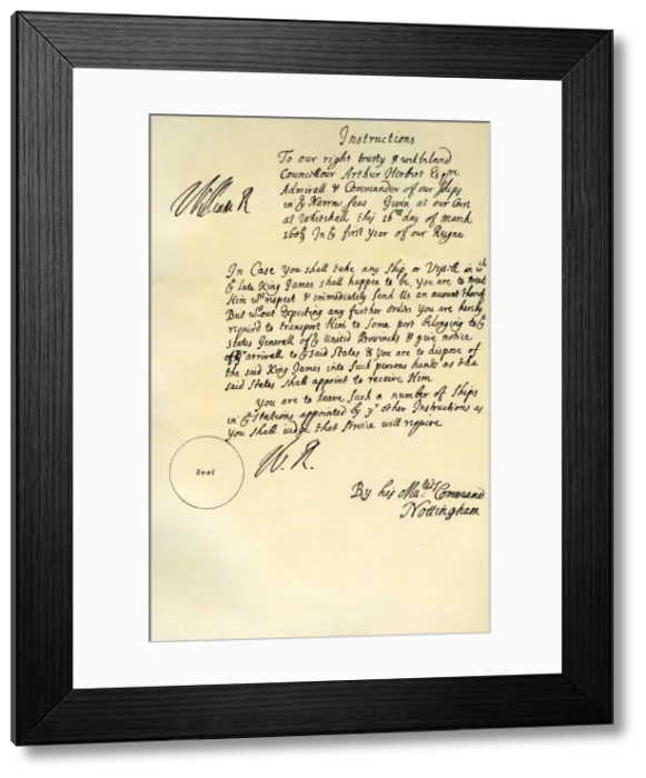 Framed Print : Instructions from William III to Admiral Arthur Herbert, Whitehall, 16th March 1689. Artist: Daniel Finch Framed Print : Instructions from William III to Admiral Arthur Herbert, Whitehall, 16th March 1689. Artist: Daniel Finch