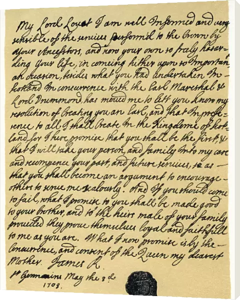 Letter from James Edward Stuart to Simon Fraser, Lord Lovat, St Germains, 3rd May 1703. Artist: James Stuart