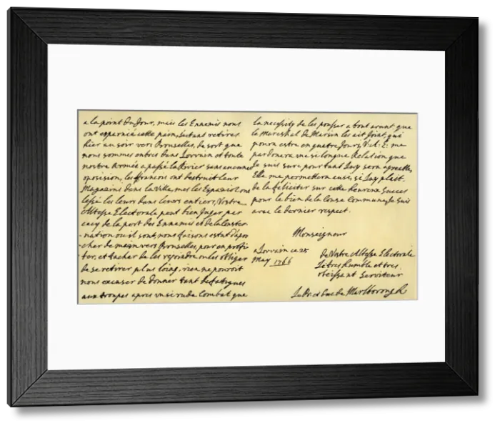 Framed Print : Letter from the Duke of Marlborough to the future King George I, Louvain, 25 May 1706. Artist: John Churchill, Duke of Marlborough Framed Print : Letter from the Duke of Marlborough to the future King George I, Louvain, 25 May 1706. Artist: John Churchill, Duke of Marlborough