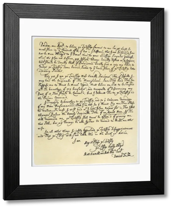 Framed Print : Letter from Daniel Defoe to Charles Montague, 1705. Artist: Daniel Defoe Framed Print : Letter from Daniel Defoe to Charles Montague, 1705. Artist: Daniel Defoe