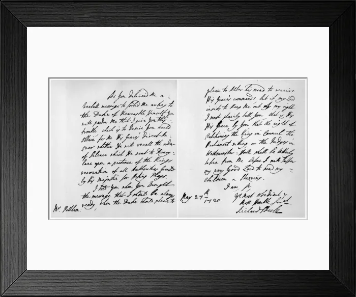 Framed Print : Letter from Sir Richard Steele to Henry Pelham, 27th May 1720. Artist: Richard Steele